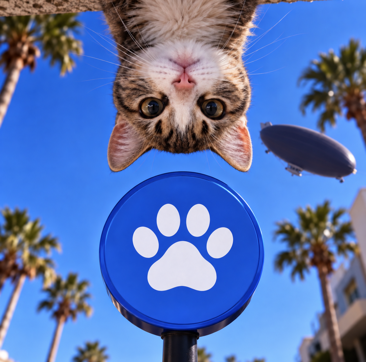 Upside Down Cat above a blue paw-print sign