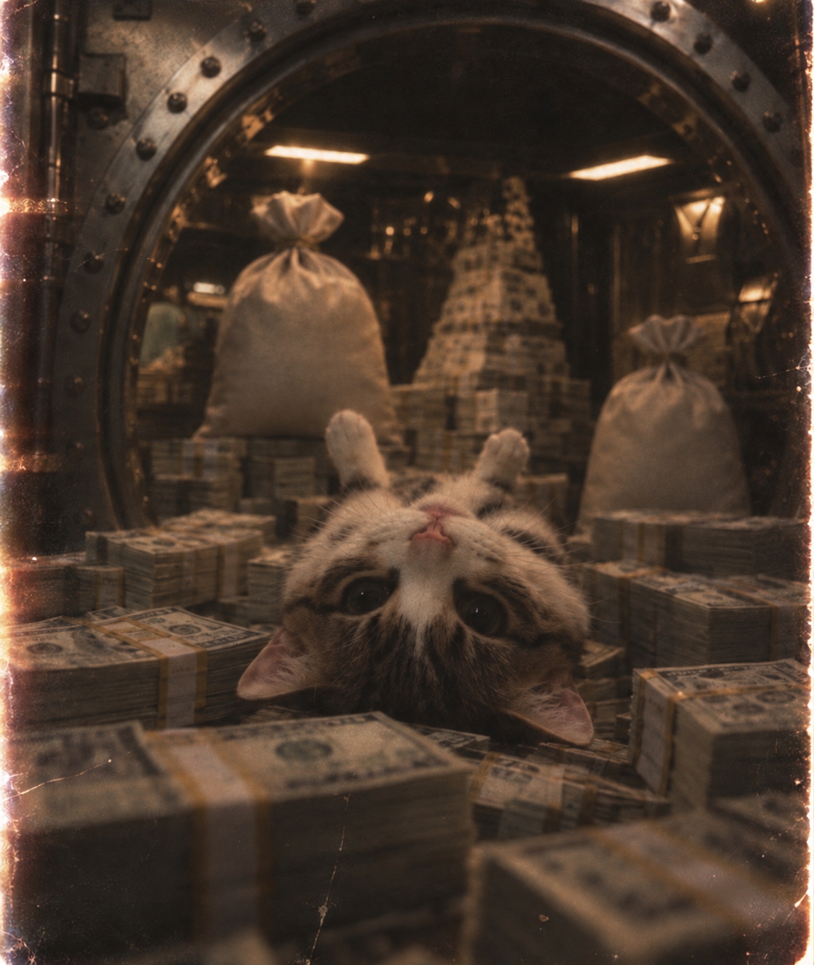 Upside Down Cat in a money vault